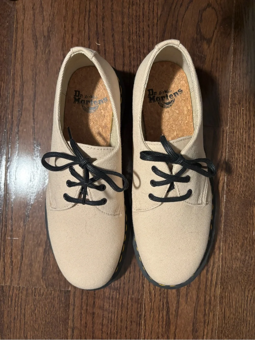 Dr. Martens Beige Canvas 3-Eye Lace Shoes with Black Laces